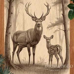 May include: A sepia-toned illustration of a stag and a fawn in a forest setting. The stag, with large antlers, stands beside the smaller fawn. The artwork is detailed, with trees in the background and the text "ETCH&DECO" and "LINECRAFT STUDIO" at the bottom.