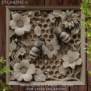 May include: A detailed, beige-colored relief carving featuring bees, flowers, and honeycomb patterns. The artwork is framed and includes the text "ETCH&DECO" and "LINECRAFT STUDIO" at the top, with "HIGH-QUALITY PNGS - 318 DPI FOR LASER ENGRAVING" at the bottom.