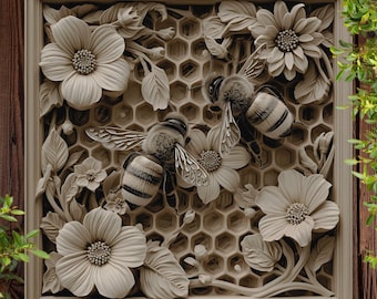 3D Illusion Bees on Honeycomb PNG File for Wood Laser Engraving, Rustic Cnc design, Glowforge xTool LightBurn ready, Laser burn file