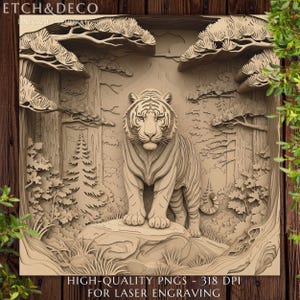 Tiger in the Forest, 3D Illusion Laser Engraving PNG, Laser Burn File, Etching png, Glowforge, LightBurn, CNC Engraving, Tiger png for CNC