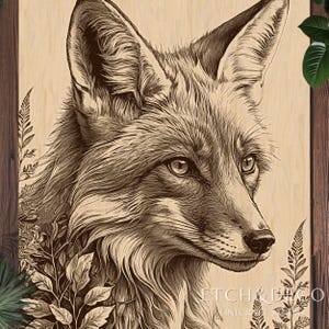 May include: A detailed wood-burned portrait of a fox, showcasing intricate fur and facial features. The artwork is set against a light wood background, with botanical elements framing the fox. The piece is signed "ETCH & DECO" in the lower right corner.