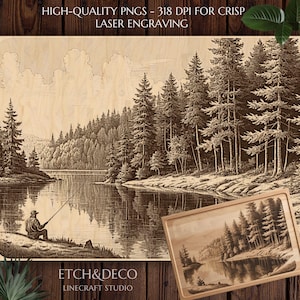May include: A wooden laser-engraved artwork depicting a serene lakeside scene with a person fishing. The artwork features detailed trees, water reflections, and the text "HIGH-QUALITY PNGS - 318 DPI FOR CRISP LASER ENGRAVING" and "ETCH&DECO LINECRAFT STUDIO".