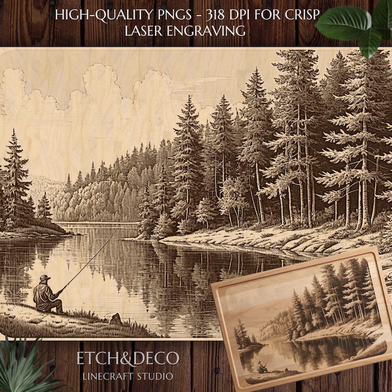 May include: A wooden laser-engraved artwork depicting a serene lakeside scene with a person fishing. The artwork features detailed trees, water reflections, and the text "HIGH-QUALITY PNGS - 318 DPI FOR CRISP LASER ENGRAVING" and "ETCH&DECO LINECRAFT STUDIO".