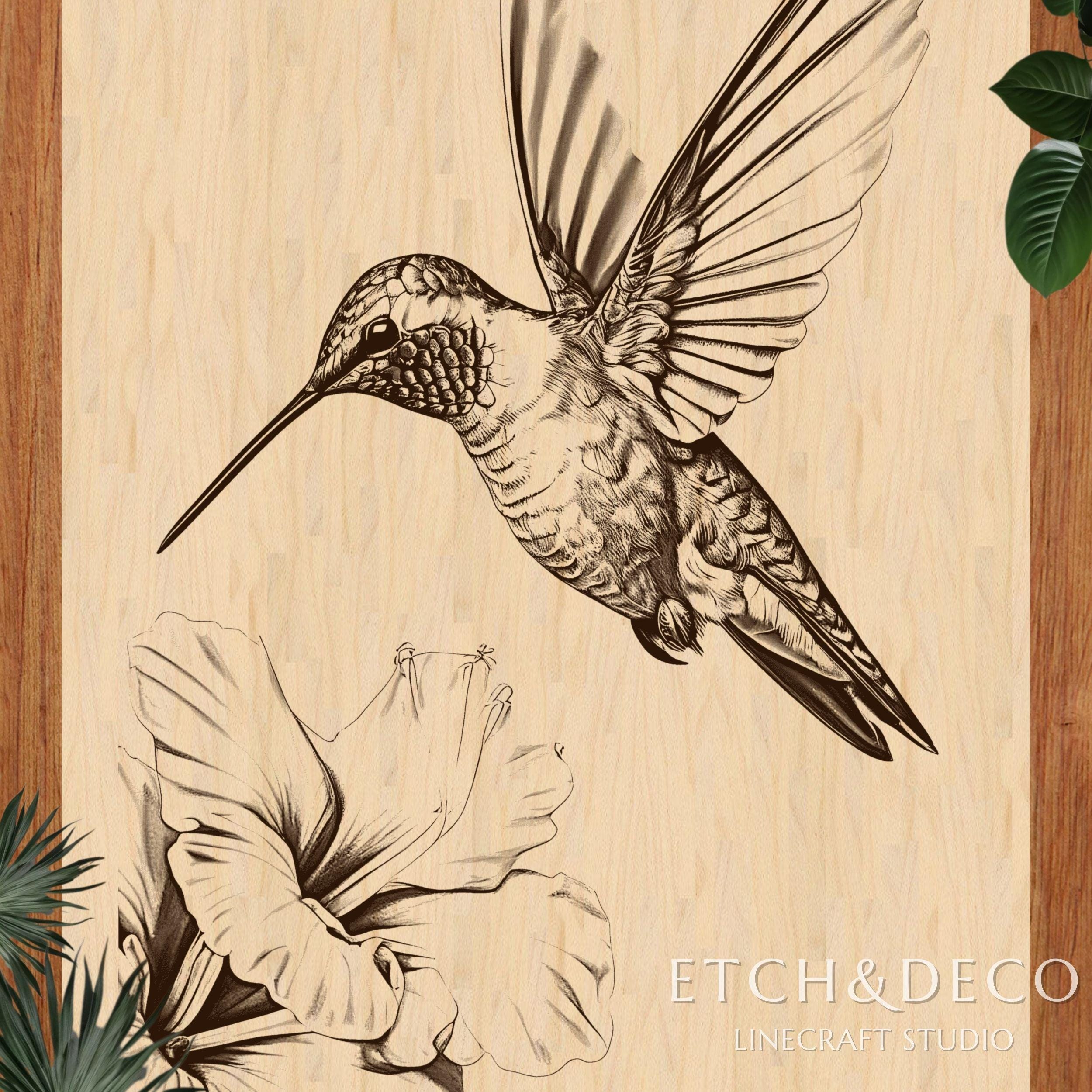 Hummingbird Flower Laser Burn PNG, Laser Engraving PNG, Floral Bird Design, Laser Etching File, Glowforge xTool CNC Ready Rustic engrave