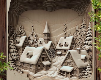 3D Illusion Snowy Christmas Village PNG File for Wood Laser Engraving, Christmas cnc design for Glowforge xTool LightBurn, Winter laser burn