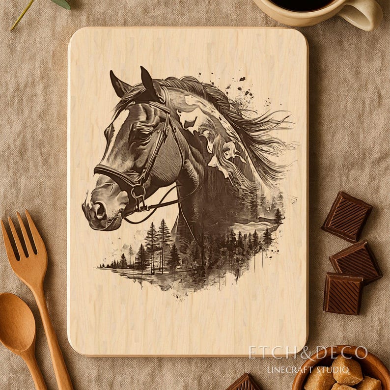 Horse Double Exposure Laser Engraving PNG, Wood Engraving file, Laser Ready File, Glowforge xTool CNC router Lightburn ready, Laser burn PNG image 3