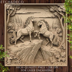Two Horses 3D Illusion Laser Engraving PNG, Glowforge Horse File, xTool Etching, CNC Engraving, Nature Scene, LightBurn PNG, Co2 Diode File