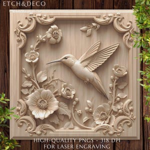May include: A light-colored wooden panel featuring a hummingbird in flight, surrounded by floral carvings. The design includes flowers, leaves, and decorative scrollwork. Text at the bottom reads "HIGH-QUALITY PNGS - 318 DPI FOR LASER ENGRAVING."