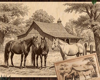 Three Horses Farm Scene PNG for Charcuterie Board, Rustic Cutting Board Design, Glowforge File, xTool PNG, CNC router Wood Etching file