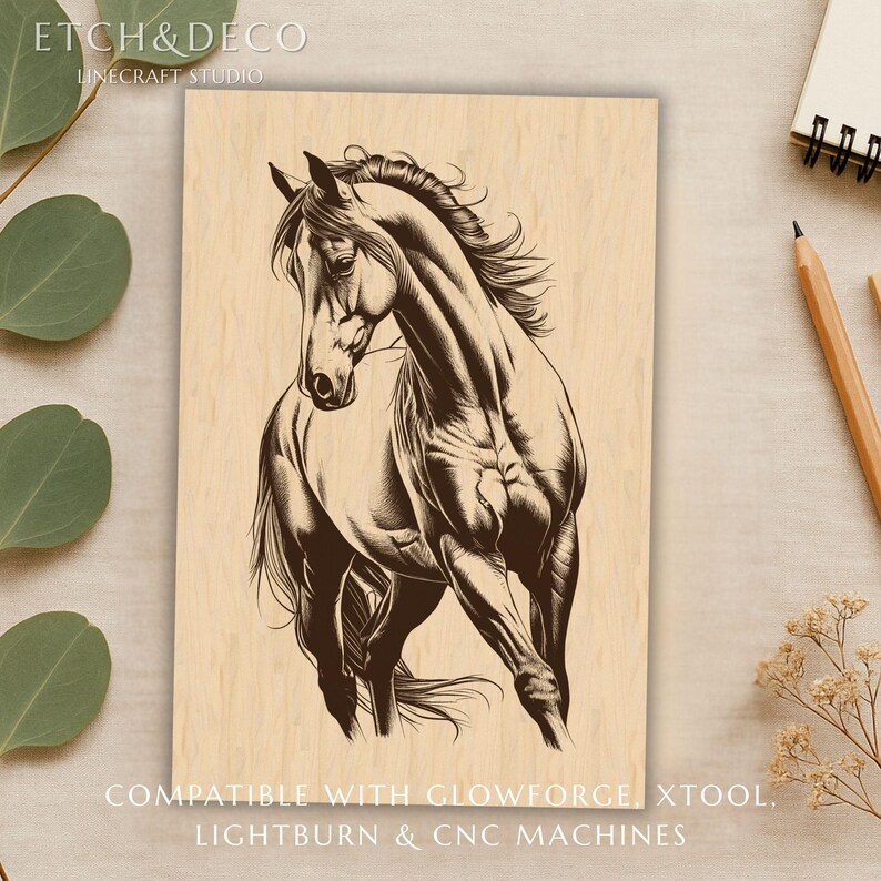 May include: A detailed woodcut-style illustration of a horse in motion, rendered in shades of brown. The horse is depicted with flowing mane and tail, set against a light wood grain background. Text at the bottom reads: COMPATIBLE WITH GLOWFORGE, XTOOL, LIGHTBURN & CNC MACHINES.