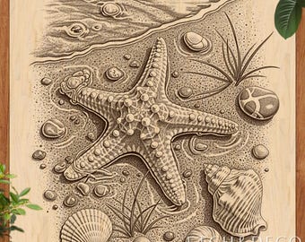 Starfish Wood Engraving File, Laser Burn PNG Design for Glowforge, xTool, CNC Files for Wood, co2 diode file, LightBurn Ready Etching File