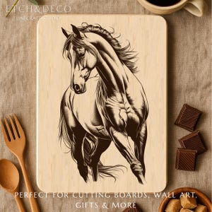 May include: A rectangular wooden cutting board with a detailed illustration of a horse in shades of brown. The horse is depicted in a dynamic pose. The text "ETCH&DECO LINECRAFT STUDIO" is at the top. The text "PERFECT FOR CUTTING BOARDS, WALL ART, GIFTS & MORE" is at the bottom.