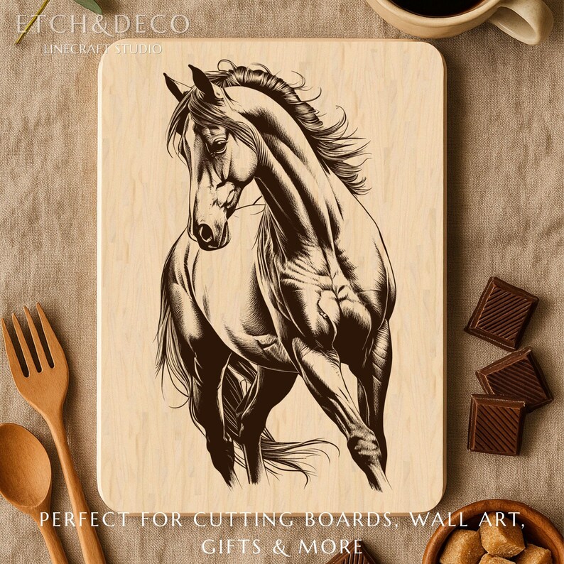 May include: A rectangular wooden cutting board with a detailed illustration of a horse in shades of brown. The horse is depicted in a dynamic pose. The text "ETCH&DECO LINECRAFT STUDIO" is at the top. The text "PERFECT FOR CUTTING BOARDS, WALL ART, GIFTS & MORE" is at the bottom.