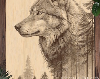 Wolf Forest PNG Laser Engraving File | Digital Laser Cut Design | LightBurn xTool CNC Ready | Wildlife Cutting Board Art, rustic wolf decor