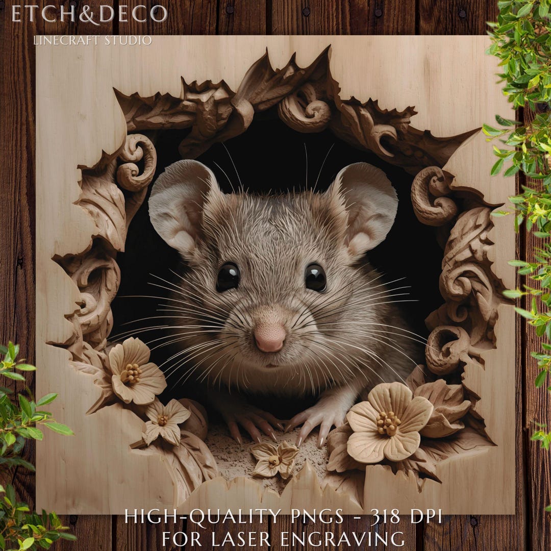 3D Illusion Cute Mouse PNG, File for Wood Laser Engraving, Rustic Cnc ...
