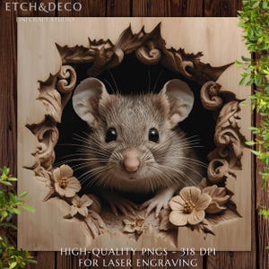 May include: A detailed wooden carving featuring a mouse peering out from a decorative frame with floral and leaf accents. The image includes the text "ETCH&DECO LINECRAFT STUDIO" and "HIGH-QUALITY PNGS - 318 DPI FOR LASER ENGRAVING".