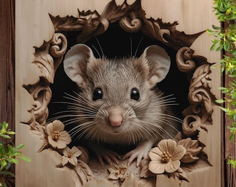 3D Illusion Cute Mouse PNG, File for Wood Laser Engraving, Rustic cnc design for Glowforge xTool LightBurn, Laser burn png, Cnc router file