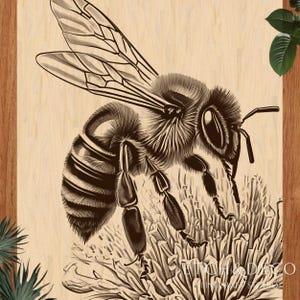 May include: Detailed illustration of a bee on a flower, rendered in shades of brown and beige. The bee is the focal point, with intricate details of its wings, body, and legs. The artwork is set against a light wood grain background, creating a natural aesthetic.
