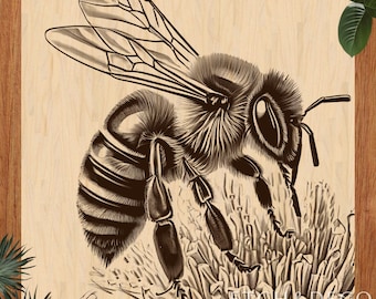 Bee on Flower PNG Laser Burn Engraving File, Etching Nature CNC router Design, Glowforge xTool LightBurn Ready, Woodworking PNG
