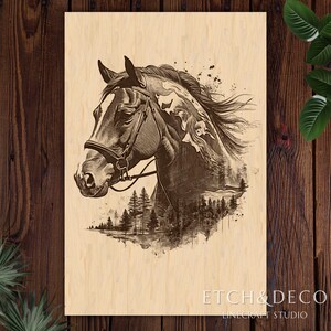 Horse Double Exposure Laser Engraving PNG, Wood Engraving file, Laser Ready File, Glowforge xTool CNC router Lightburn ready, Laser burn PNG image 2