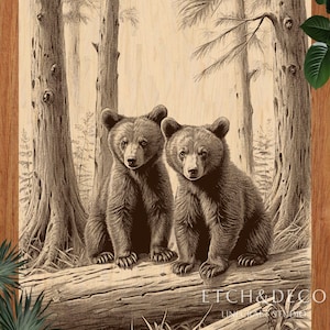 Grizzly Bear Cubs in the Forest PNG, Laser Burn Engraving File, Wildlife Wood Design, Etching Pattern, Glowforge LightBurn xTool CNC Ready