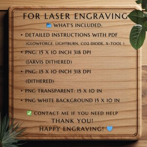 May include: A wooden cutting board with the text "FOR LASER ENGRAVING" and details about included PNG files, instructions, and contact information. The board is 15 x 10 inches.