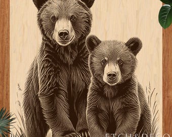 Grizzly Bear Cubs Laser Burn PNG, Laser Engraving PNG, Woodland Wildlife Scene, Digital Laser Cut File, Glowforge xTool LightBurn CNC Ready