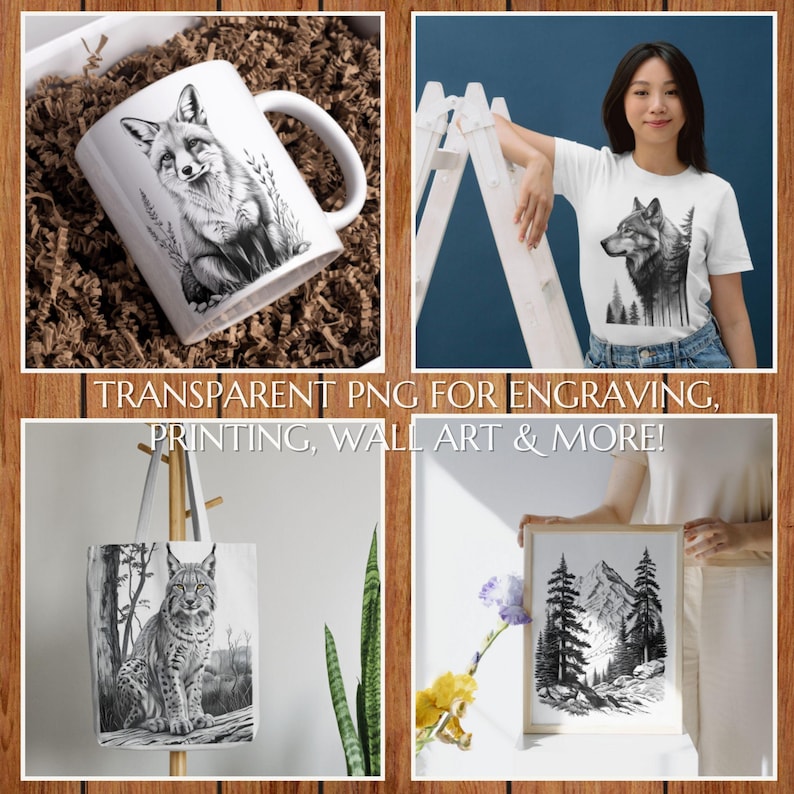 May include: A collection of items featuring black and white illustrations. Includes a white mug with a fox design, a white t-shirt with a wolf, a tote bag with a lynx, and a framed mountain and tree print. The text reads: TRANSPARENT PNG FOR ENGRAVING, PRINTING, WALL ART & MORE!