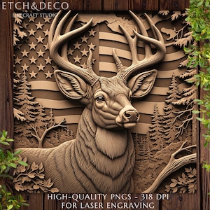 3D Illusion Deer with US Flag - Laser Engraving File for Glowforge Lightburn xTool CO2 ready, laser burn PNG, Deer etched wood for cnc file