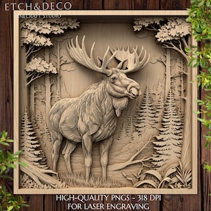 Moose Forest Scene PNG, laser engraving png, laser burn png, etching wood file, Glowforge file, LightBurn file, xTool png CNC engraving file