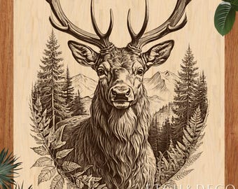 Majestic forest Deer PNG, Laser Burn Etching File, Engraving Wood Design, Rustic Cutting Board Gift, Glowforge xTool CNC Ready, forest laser