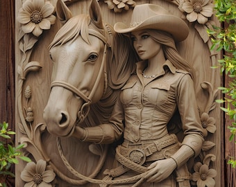 May include: A detailed wooden carving of a woman in a cowboy hat and shirt, holding reins next to a horse. The carving is surrounded by floral designs. The text "HIGH-QUALITY PNGS - 318 DPI FOR LASER ENGRAVING" is at the bottom.