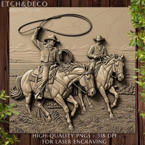 Cowboys Riding Horses Engrave png, 3D Illusion, Western Wood Engraving Design, Laser Burn File, xTool Glowforge LightBurn PNG, CNC Etching
