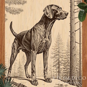 May include: A detailed woodcut-style illustration of a dog standing on a rocky surface, set against a backdrop of trees. The dog is a dark brown color, with a focused expression. The artwork is on a light-colored wooden panel.