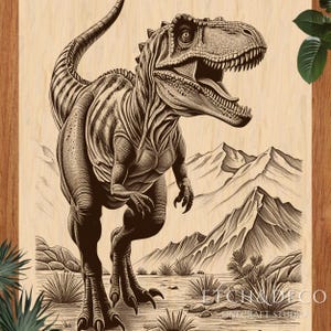 May include: A detailed sepia-toned illustration of a Tyrannosaurus Rex with an open mouth, set against a mountainous landscape. The dinosaur is the focal point, with intricate line work defining its features. The image is on a light wood background.