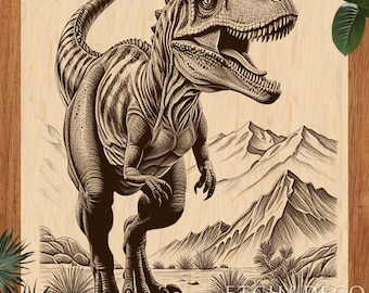 May include: A detailed sepia-toned illustration of a Tyrannosaurus Rex with an open mouth, set against a mountainous landscape. The dinosaur is the focal point, with intricate line work defining its features. The image is on a light wood background.