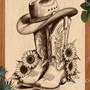 May include: Sepia-toned illustration of a cowboy hat and boots, with sunflowers. The cowboy hat rests atop the boots, which are adorned with decorative stitching. The sunflowers are at the base of the boots. The image has a rustic, country theme.