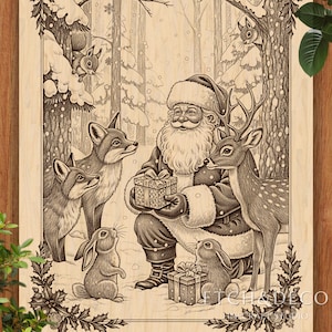 Puede incluir: Ilustración detallada al estilo de grabado en madera que representa a Papá Noel rodeado de animales del bosque en un bosque nevado. Papá Noel sostiene un regalo, con zorros, ciervos y conejos mirando. Las ardillas están en los árboles.