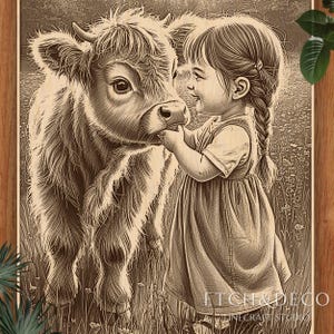 Op de afbeelding: Een sepia-getinte houtsnede toont een jong meisje dat de neus van een Highland-koe zachtjes aanraakt. Het meisje, met een vlecht, glimlacht naar de koe in een grasveld. De prent bevat de tekst "ETCH & DECO" en "LINECRAFT STUDIO".