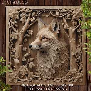 May include: A detailed wooden carving of a fox within a floral and tree-lined frame. The fox is depicted in profile, with intricate fur and facial details. The artwork is surrounded by carved flowers and branches. The text "HIGH-QUALITY PNGS - 318 DPI FOR LASER ENGRAVING" is at the bottom.