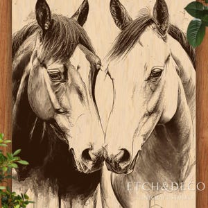 May include: A sepia-toned wooden panel featuring a detailed illustration of two horses, their heads touching. The artwork showcases the horses' faces, manes, and ears. The text "ETCH & DECO LINECRAFT STUDIO" is visible at the bottom right.