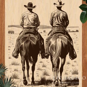 Cowboys at Sundown Laser Burn PNG, Laser Engraving PNG file, Rustic Western Gift Design, Laser Cut File, Glowforge xTool LightBurn CNC Ready