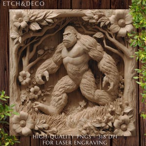 May include: A detailed wooden carving of a gorilla walking through a forest scene, surrounded by flowers and foliage. The artwork is framed within a square border and includes the text "ETCH&DECO" and "HIGH-QUALITY PNGS - 318 DPI FOR LASER ENGRAVING".