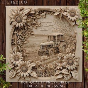 3D Illusion Vintage Tractor in Field File for Wood Laser Engraving PNG, Glowforge xTool LightBurn Ready, Laser Burn PNG, CNC Router File