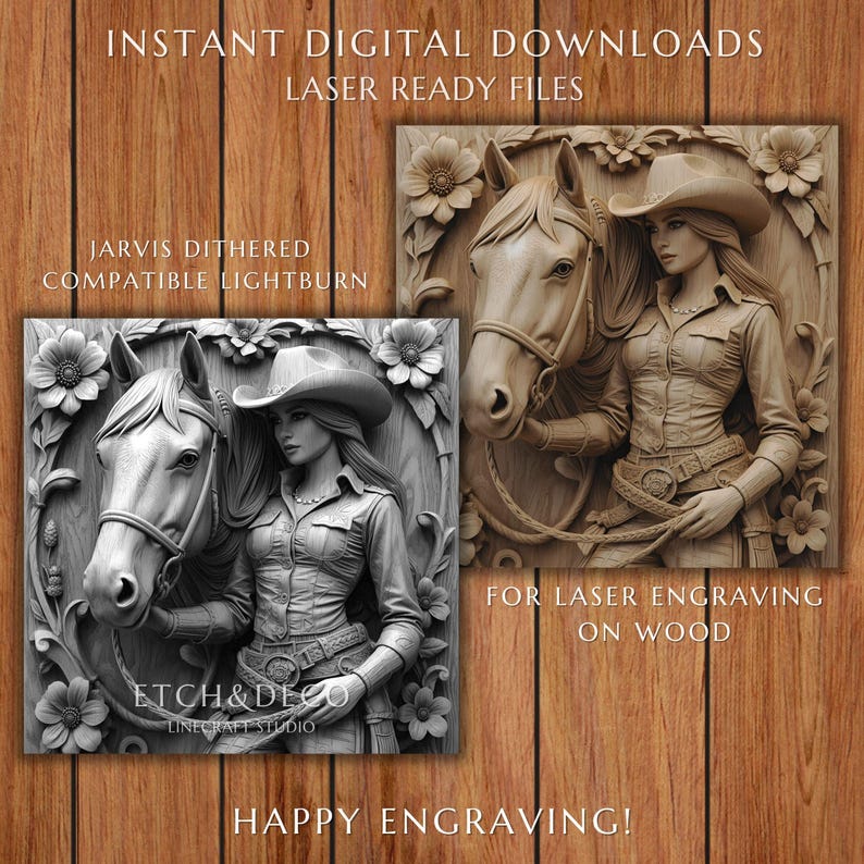3D Illusion Cowgirl and Horse PNG, File for Wood Laser Engraving, Cnc ...
