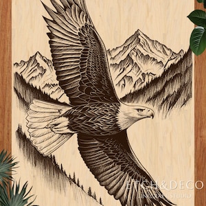 Soaring Eagle Over Mountains Laser Engraving PNG | Digital Laser File | Laser Burn PNG | Glowforge xTool CNC Ready, lightburn file