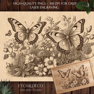 May include: A wooden serving tray and a large wooden panel, both laser-engraved with a design of butterflies and flowers. The image includes the text "HIGH-QUALITY PNGS - 318 DPI FOR CRISP LASER ENGRAVING" and "ETCH&DECO LINECRAFT STUDIO".