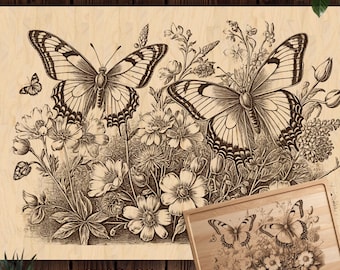 Meadow Blooms & Butterflies PNG, Chopping Board Laser Engraving File, Charcuterie Cutting Board PNG, Wood Burn Design, CNC Glowforge Ready