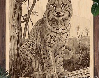 Lynx Forest Laser Engraving PNG, Rustic Wood Gift Design, Digital Laser Cut File for Cutting Board, Glowforge xTool CNC, LightBurn Ready