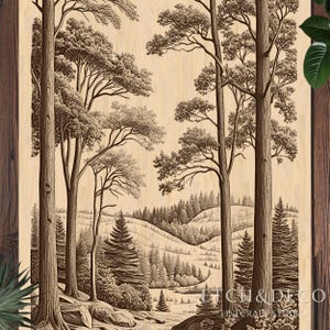 May include: A sepia-toned landscape print featuring a forest scene with tall trees, rolling hills, and a river. The artwork has a vintage aesthetic, with detailed illustrations of trees and foliage. The text "ETCH & DECO" is visible in the lower right corner.